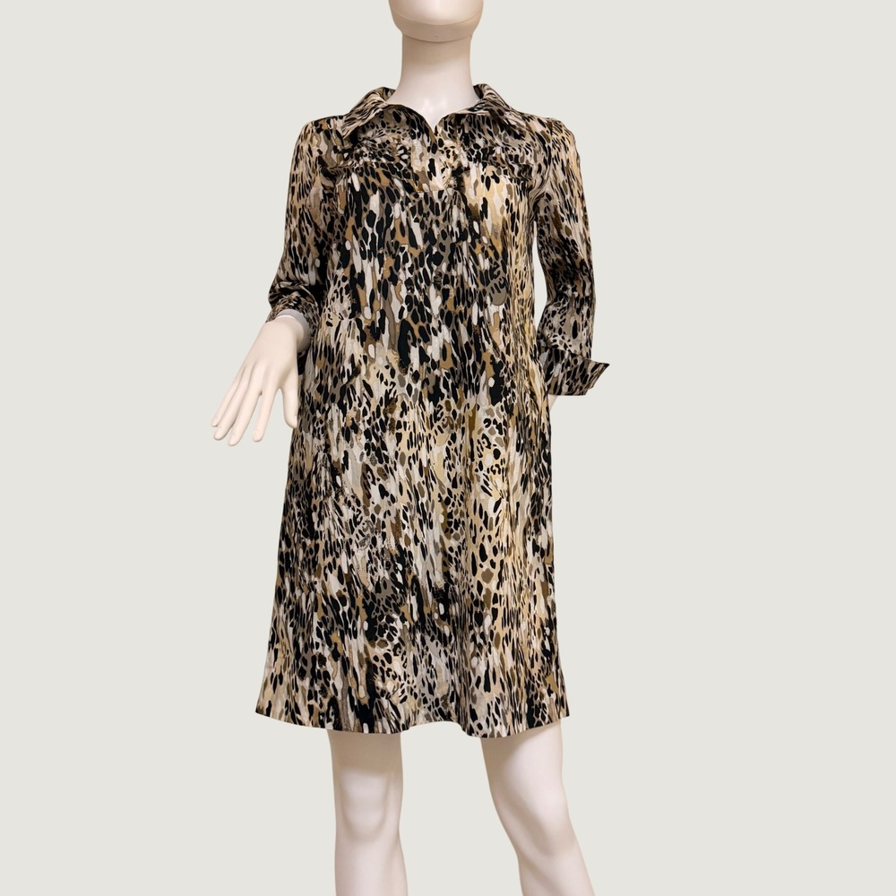 Leggiadro Womens Animal Print Shirt Dress Brown Tan  3/4 Sleeve Size 4